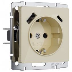 Розетка с заземлением, шторками и USB тип A+C (айвори акрил) W1171743 Werkel