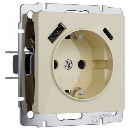 Розетка с заземлением, шторками и USB тип A+C (айвори акрил) W1171743 Werkel