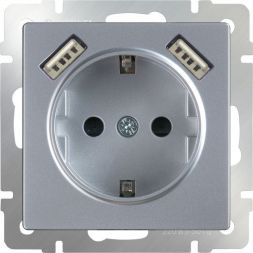 Розетка с з/к со шторками + USB Werkel W1171506 серебро (WL06-SKGS-USBx2-IP20)
