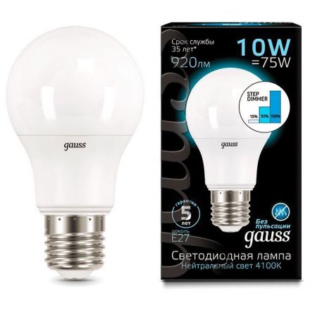 Лампа Gauss 102502210-S LED A60 10W E27 4100K step dimmable