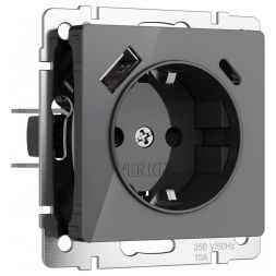 Розетка с заземлением, шторками и USB тип A+C (графит акрил) W1171744 Werkel