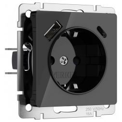 Розетка с заземлением, шторками и USB тип A+C (черный акрил) W1171748 Werkel