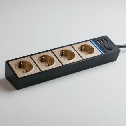 Розеточный блок 4-х местный + 3 USB Werkel W6514944 черный/шампань рифленый (WL20-04-03)