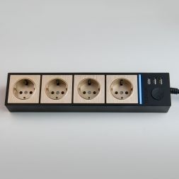 Розеточный блок 4-х местный + 3 USB Werkel W6514944 черный/шампань рифленый (WL20-04-03)