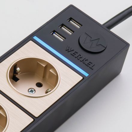 Розеточный блок 4-х местный + 3 USB Werkel W6514944 черный/шампань рифленый (WL20-04-03)