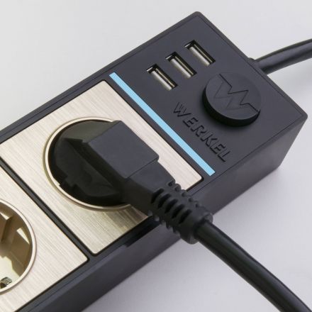 Розеточный блок 4-х местный + 3 USB Werkel W6514944 черный/шампань рифленый (WL20-04-03)