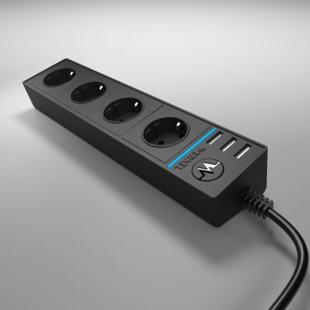 Розеточный блок 4-х местный + 3 USB Werkel W6514908 черный (WL20-04-03)