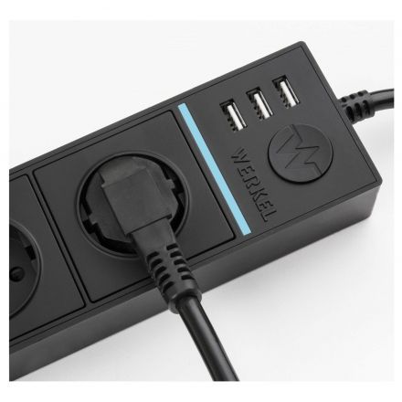 Розеточный блок 4-х местный + 3 USB Werkel W6514908 черный (WL20-04-03)