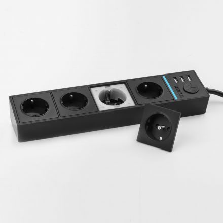Розеточный блок 4-х местный + 3 USB Werkel W6514908 черный (WL20-04-03)