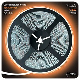 Лента Gauss 311000110 LED 2835/120-SMD 9.6W 12V DC теплый белый IP66 (блистер 5м)