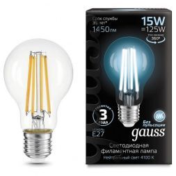 Лампа светодиодная филаментная Gauss E27 15W 4100K прозрачная 102902215