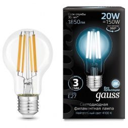 Лампа светодиодная филаментная Gauss E27 20W 4100K прозрачная 102902220